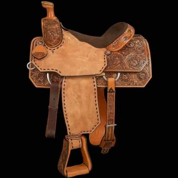 Our Buck Stitched Roper Saddle comes with tooling on the skirts, pommel and stirrups.  Customize this amazing saddle with personalized seat and gullet size and lettering. 